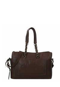 Braune Lederhandtasche mit dualen Griffen und einem abnehmbaren Schulterriemen. Verfügt über metallische Kettenakzente und einen Reißverschluss. Einfaches, rechteckiges Design.