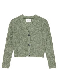Grüner gestrickter Cardigan mit V-Ausschnitt und cropped Design. Mit einem strukturierten Gewebe und fünf dunklen Knöpfen vorne. Weicher Stoff.