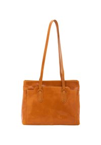 Borsa tote in pelle tan con due manici, forma rettangolare, texture liscia e cuciture a contrasto lungo i bordi. Nessun dettaglio hardware visibile.