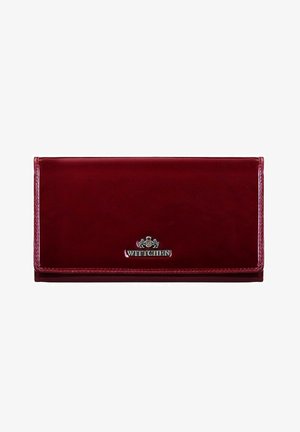 Red leather wallet with a glossy finish. Features a silver logo plaque and stitched edges, rectangular shape with a fold-over design.