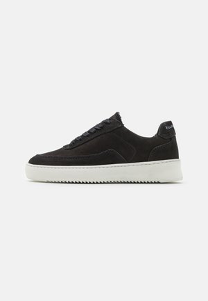 Black suede sneakers with a textured finish, featuring flat laces and a contrasting white rubber sole with a zigzag pattern.