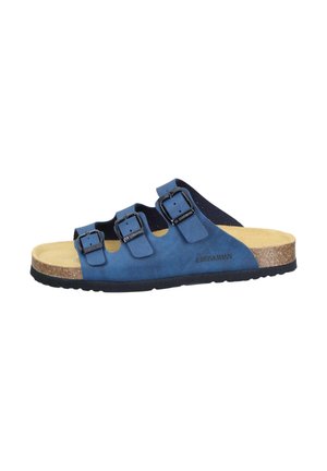 Blue slide sandal with three adjustable buckled straps, cork footbed, beige insole, and black sole branded Brinkmann on side.