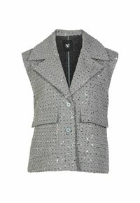 Gray sleeveless vest with a textured surface, embellished with shiny silver sequins, featuring a notched collar and two front pockets.