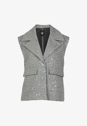 Pilkas be rankovių liemenė su tekstūruota paviršiumi, puošta blizgiais sidabriniais švyturiais, su notch tipo apykakle ir dviem priekinėmis kišenėmis.