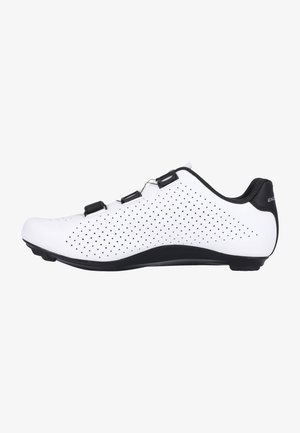 White cycling shoe with perforated design, black accents, three adjustable straps, and a curved sole for optimal performance.