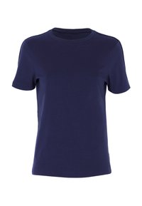 T-shirt in cotone blu navy con maniche corte e scollatura rotonda. Tessuto morbido, senza motivi o decorazioni, vestibilità standard.