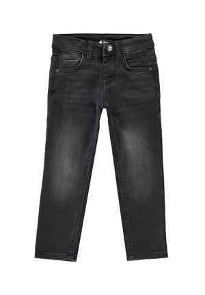 Zwarte spijkerbroek van denim met een knoop- en ritssluiting, voor- en achterzakken en een licht vervaagd was-effect.