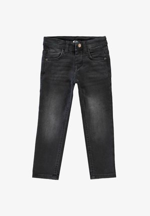 Zwarte spijkerbroek van denim met een knoop- en ritssluiting, voor- en achterzakken en een licht vervaagd was-effect.