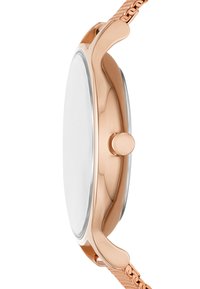 Roséguld metallklocka med en slät, böjd klockkapsel, lutande kanter och ett nätarmband. Klockans urtavla är klar och rund.