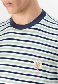 Stripet T-shirt med lysegrønne, marineblå og cremefarvede vandrette striber, rund marineblå krave og et lille broderet logo på brystet.
