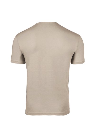 Μπεζ κοντομάνικη μπλούζα με στρογγυλή λαιμόκοψη, εμφανιζόμενη από πίσω σε απλό λευκό φόντο.