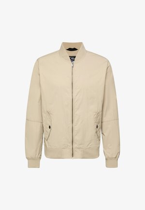 Beige Herren-Bomberjacke mit Frontreißverschluss, gerippten Bündchen und Saum, zwei vorderen Klappentaschen mit schwarzen Knöpfen und einem Stehkragen.