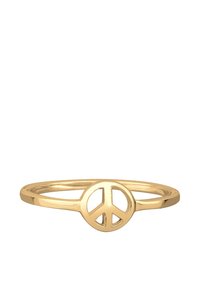Goldring mit einem kreisförmigen Friedenssymbol als zentrales Element. Elegantes Design, schmaler Ring, polierte Oberfläche und glatte Textur.