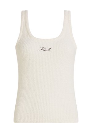 Bílý texturovaný top bez rukávů s kulatým výstřihem. Na přední straně se nachází vyšívané logo "Karl" v hnědé barvě. Vyrobeno z jemného materiálu.