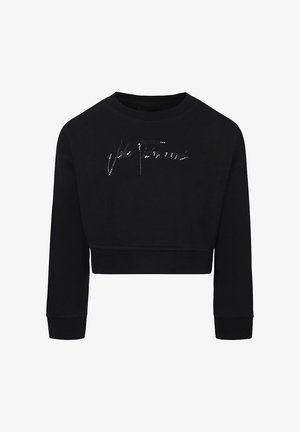 Sweatshirt court noir en tissu doux, doté de manches longues, d'un col rond et d'un logo brillant orné de strass.