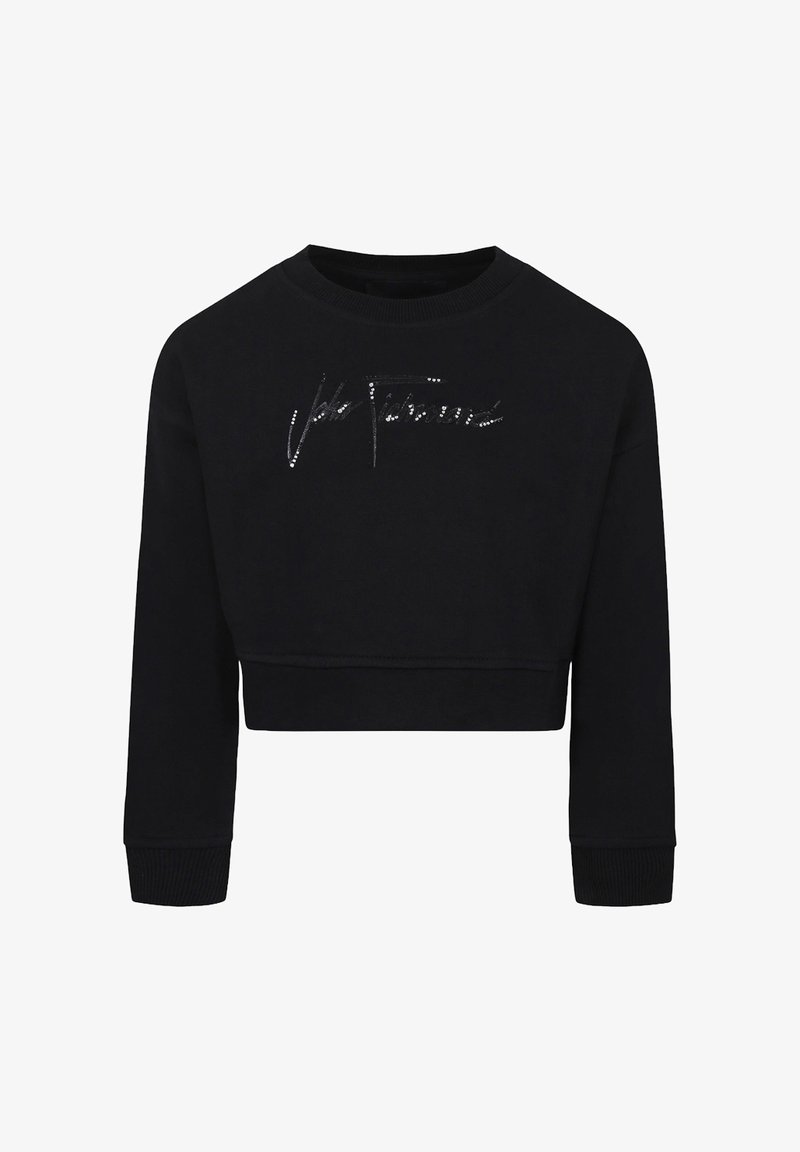 Felpa nera corta realizzata in morbido tessuto, con maniche lunghe, scollatura rotonda e un logo lucido decorato con strass.