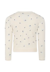 Maglione a maglia crema con maniche lunghe, caratterizzato da piccole ricami floreali blu sparsi su tutto il tessuto. Polsini e orlo a costine.