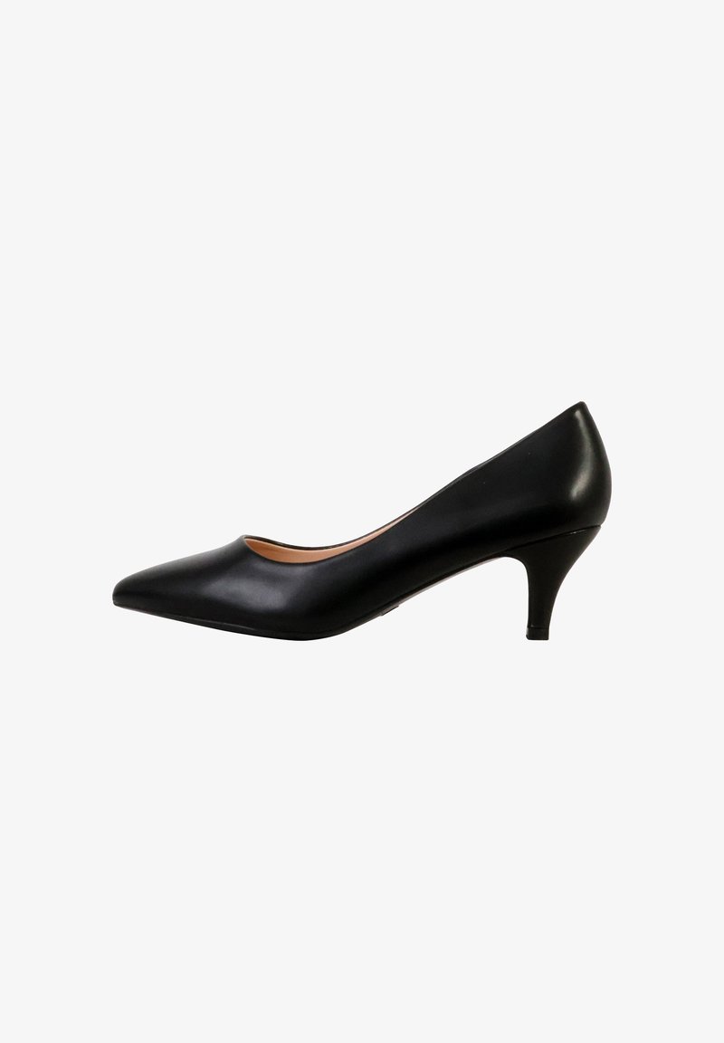 Escarpin pour femme en cuir noir avec bout pointu et petit talon en forme de kit, présenté de profil sur fond blanc.