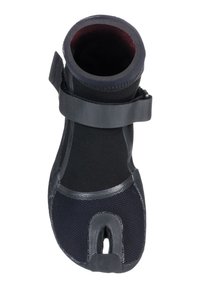 Black neoprene water shoe with a textured surface, toe separator, and adjustable strap. Features a smooth inner lining for comfort.