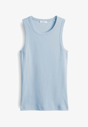 Canottiera a coste di colore azzurro chiaro con scollatura tonda e senza maniche. Texture liscia con una silhouette aderente, etichetta del marchio visibile nel collo.
