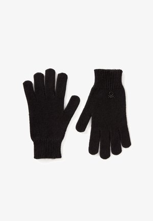 Guantes de punto negros con puño acanalado y un logo minimalista. Textura suave con diseño de cinco dedos para mayor destreza.