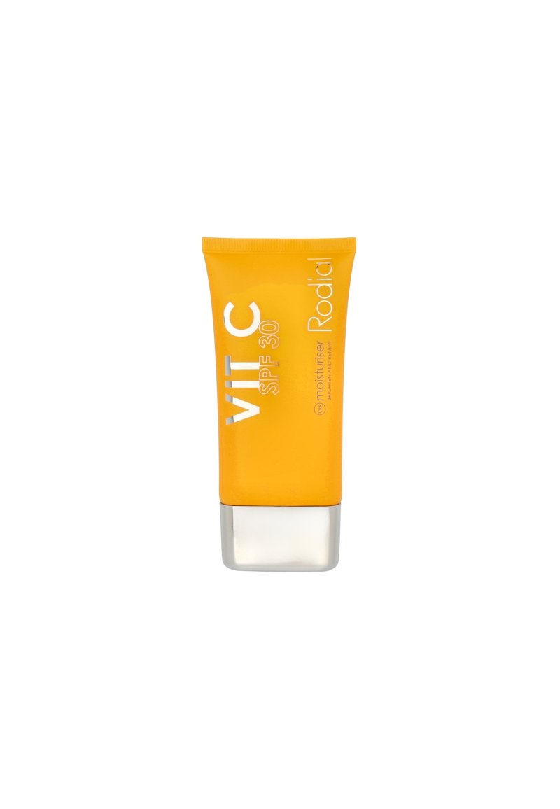 Gelbe Tube der Rodial Vitamin C SPF 30 Feuchtigkeitscreme mit silberner Basis, die erhabenen weißen Text und ein mattes Finish aufweist.