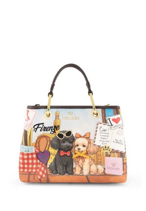 Borsa con due cani che indossano fiocchi, occhiali da sole e sfondo di città con scritta Firenze, con cartoline e tovaglia a quadri rossa.