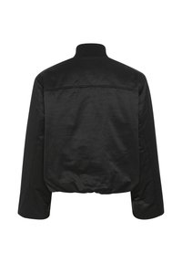 Černá bunda s vysokým límcem, elastickým lemem a dlouhými rukávy. Vyrobena z hladkého materiálu s minimalistickým designem, bez viditelného kování.