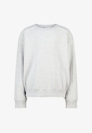Sweatshirt gris clair en tissu doux, avec un col rond, des poignets côtelés et un détail d'ourlet festonné. Design simple avec des coutures contrastantes.