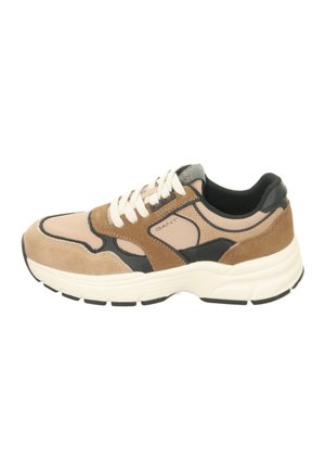 Beige and brown suede sneaker with black accents, white laces, padded collar, and thick white sole. Logo visible on the side.