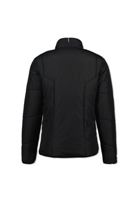 Zwarte pufferjack met een hoge kraag, geweven stof en contrasterende naden. Heeft een gladde afwerking en een geïsoleerd ontwerp.