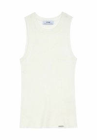 Biała bezrękawnik z prążkowanego materiału, z okrągłym dekoltem i srebrnym logo na dole. Miękka tekstura i dopasowany krój.