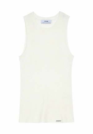 Biała bezrękawnik z prążkowanego materiału, z okrągłym dekoltem i srebrnym logo na dole. Miękka tekstura i dopasowany krój.