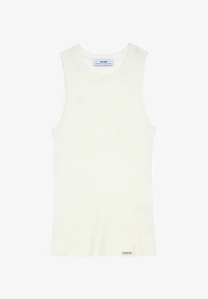 Biała bezrękawnik z prążkowanego materiału, z okrągłym dekoltem i srebrnym logo na dole. Miękka tekstura i dopasowany krój.
