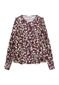 Blouse à manches longues en tissu bordeaux, avec un motif floral blanc. Elle a un col rond avec une petite patte de boutonnage et des détails froncés aux épaules.