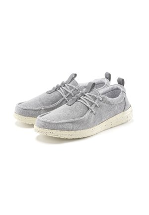 Gray fabric shoes with a soft texture, rounded toe, and elastic laces. Features a light, speckled outsole for added grip.