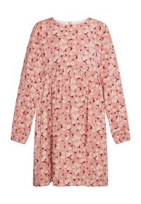Roz dress met lange mouwen in een bloemenpatroon met witte madeliefjes en rode accenten; heeft een ronde halslijn en een ge gathered taille.