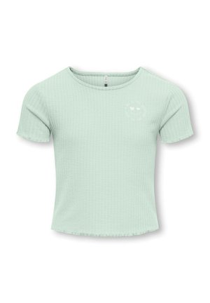 Light green ribbed short-sleeve cropped top with round neckline and small white smiley face with heart eyes on the left chest.
