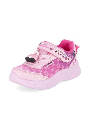 Basket enfant rose avec paillettes, breloque en forme de cœur, bride "Pretty Purses" et petites icônes imprimées de maquillage et d'accessoires.