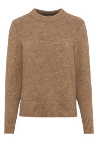Suéter marrón de punto con cuello alto, mangas largas, puños y dobladillo acanalados. Textura suave con un sutil patrón moteado en toda su superficie.