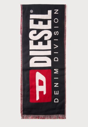 Tissu rectangulaire noir avec logo Diesel rouge et blanc et texte "DENIM DIVISION,", avec bords cousus et franges en bas.