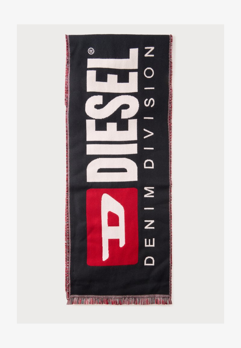 Tissu rectangulaire noir avec logo Diesel rouge et blanc et texte "DENIM DIVISION,", avec bords cousus et franges en bas.