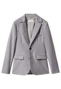 Szary garnitur z klasycznym krojem, z klapami o prostym kroju, dwoma przednimi kieszeniami, zapięciem na jeden guzik oraz z teksturowanej tkaniny. Podszewka wewnętrzna.