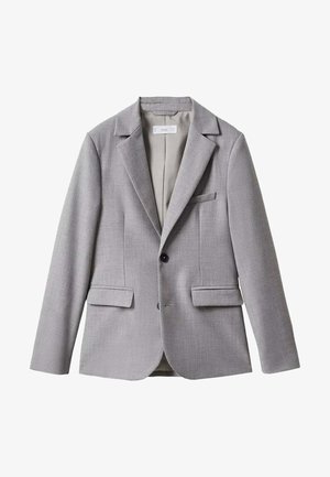 Grau blazer mit klassischem Schnitt, Reverskragen, zwei Vorderaschen, Ein-Knopf-Verschluss und strukturiertem Stoff. Gefüttertes Innenfutter.