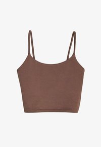 Top corto marrón sin mangas con finos tirantes tipo espagueti, hecho de una tela suave. Cuenta con una textura lisa y un escote redondeado.