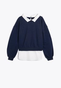 Granatowy sweatshirt z białym wykończeniem kołnierzyka, długie rękawy i okrągły dekolt. Wykonany z miękkiego materiału o luźnym kroju.