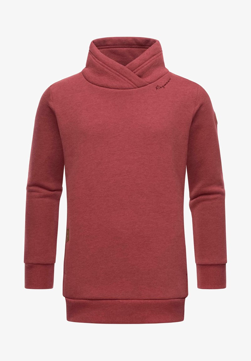 Punainen neulepaita, joka on valmistettu pehmeästä puuvillasekoitteesta. Siinä on ristikkäinen kaula-aukko, pitkät hihat ja ribbireunat. Pieni logoyksityiskohta edessä.