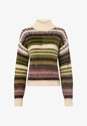 Knit sweater with a high collar, featuring green, cream, and burgundy stripes. Made from soft material, showcasing a textured pattern throughout.