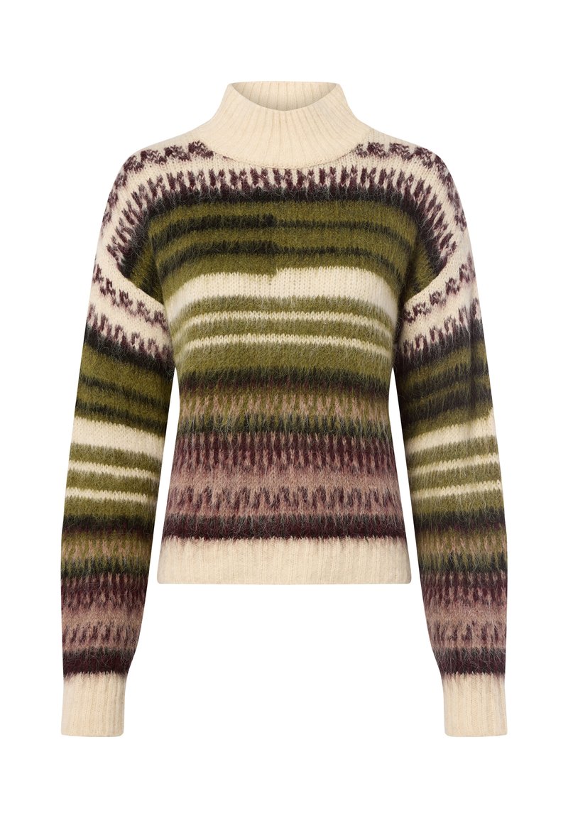 Strickpullover mit hohem Kragen, in den Farben Grün, Creme und Burgunderrot gestreift. Hergestellt aus weichem Material, das ein strukturiertes Muster durchgehend zeigt.