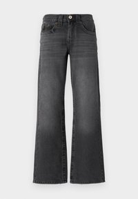 Black wide-leg jeans, made of denim, featuring a high waist, five pockets, stitched detailing, and a button closure at the front.